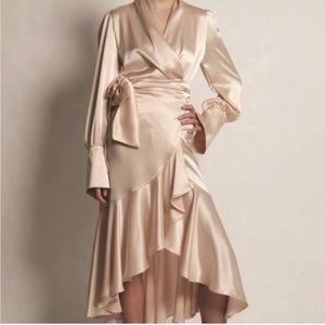 Nonchalant Latte Midi True Robe Wrap Asymmetric ruffled dress